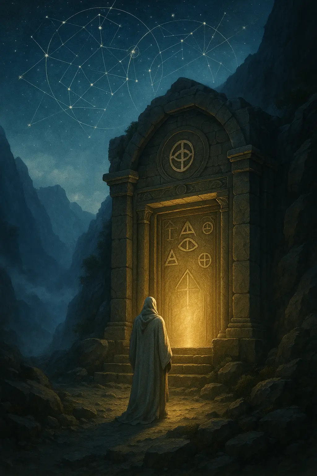 Mistyczna świątynia wykuta w zboczu góry, poszukiwacz w białych szatach stojący przed starożytną bramą jaśniejącą wewnętrznym światłem, symbole Gnozy wyryte w kamieniu