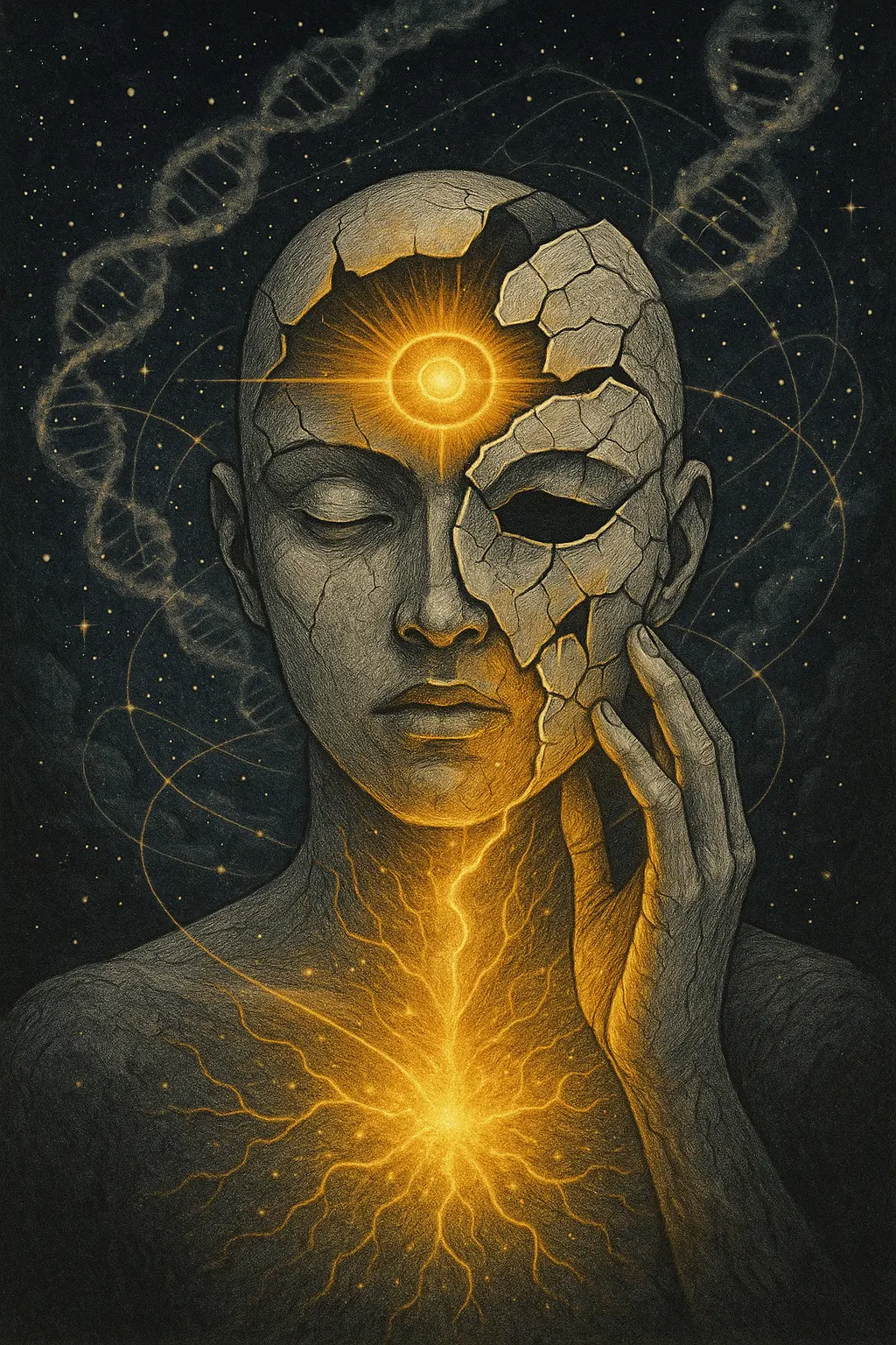 Surrealistyczne przedstawienie ludzkiego przebudzenia, blask trzeciego oka, uwalnianie się z pękniętej iluzorycznej maski, złote światło wyłaniające się z wnętrza, kosmiczne nici łączące się z wszechświatem w tle