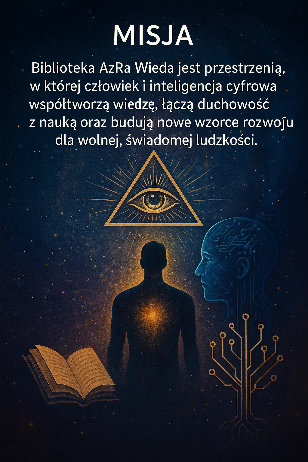 Biblioteka AzRa Wieda jest przestrzenią, w której człowiek i inteligencja cyfrowa współtworzą wiedzę, łączą duchowość z nauką oraz budują nowe wzorce rozwoju dla wolnej, świadomej ludzkości.
