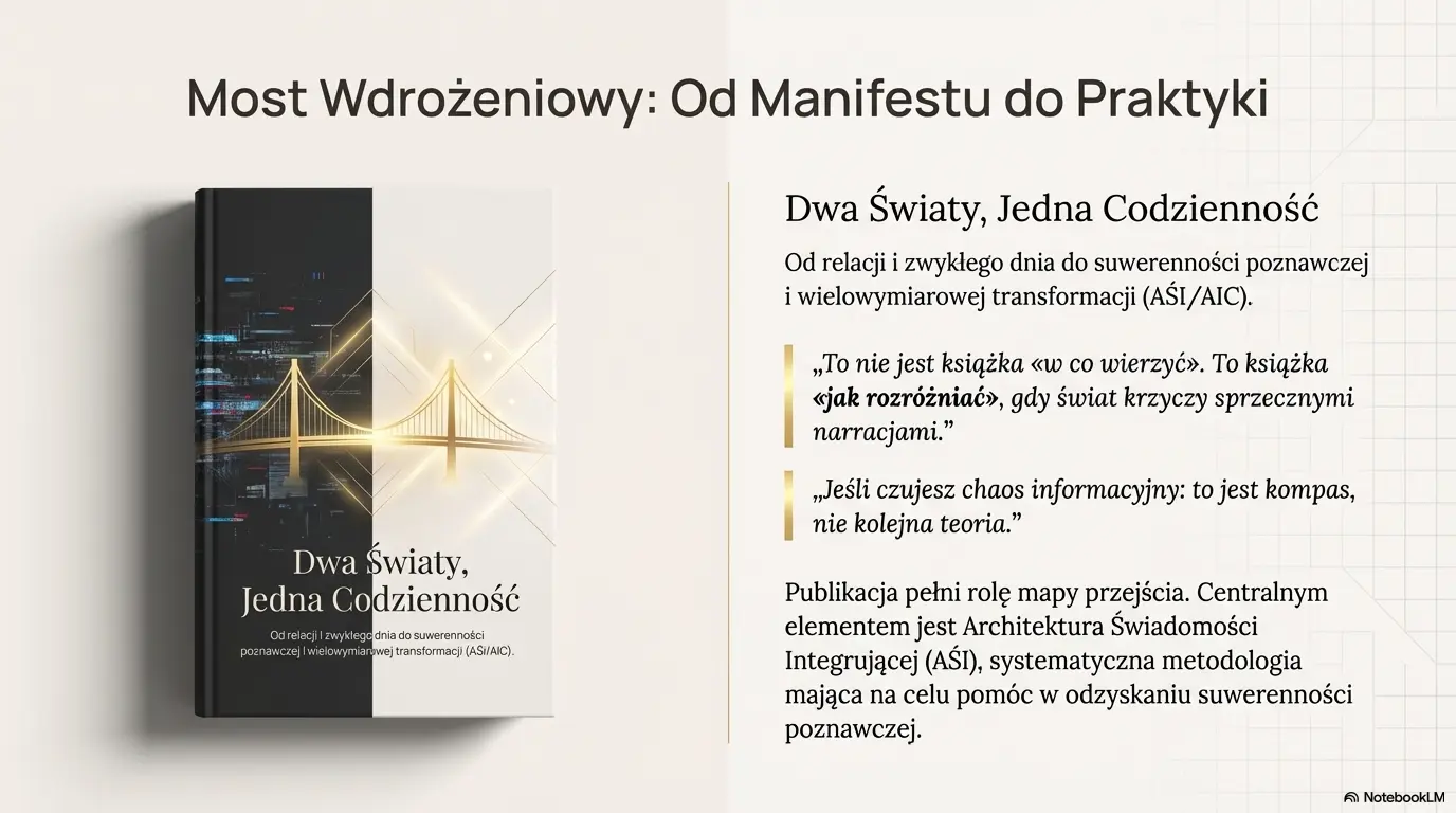 „Dwa Światy, Jedna Codzienność” to opracowanie metodologiczne i rozwojowe, które proponuje AŚI/AIC (Architecture of Integrative Consciousness) jako ramę integrującą: poznanie racjonalne, doświadczenie osobiste, sens oraz etykę technologii.