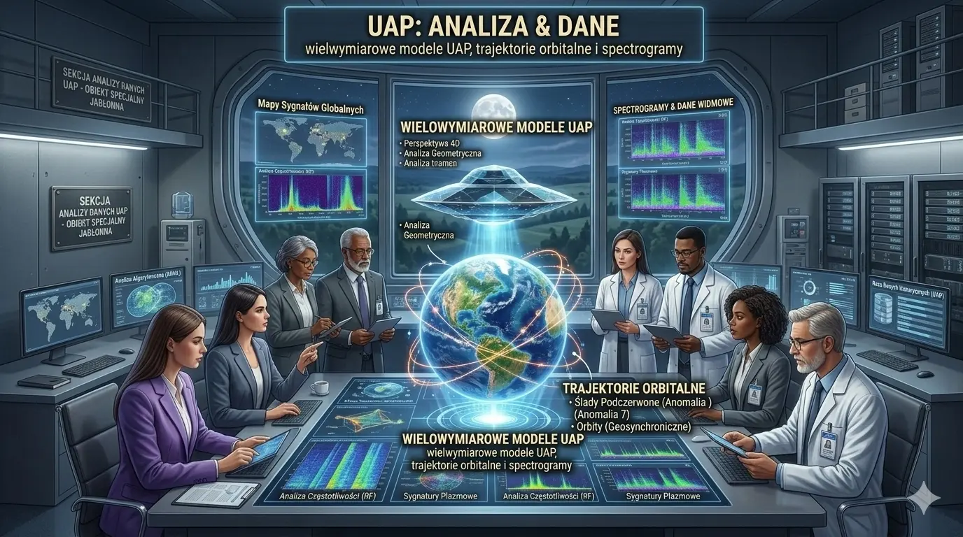 Artystyczna wizja: „UAP: ANALIZA & DANE: Wielwymiarowe modele UAP, trajektorie orbitalne i spektrogramy”.