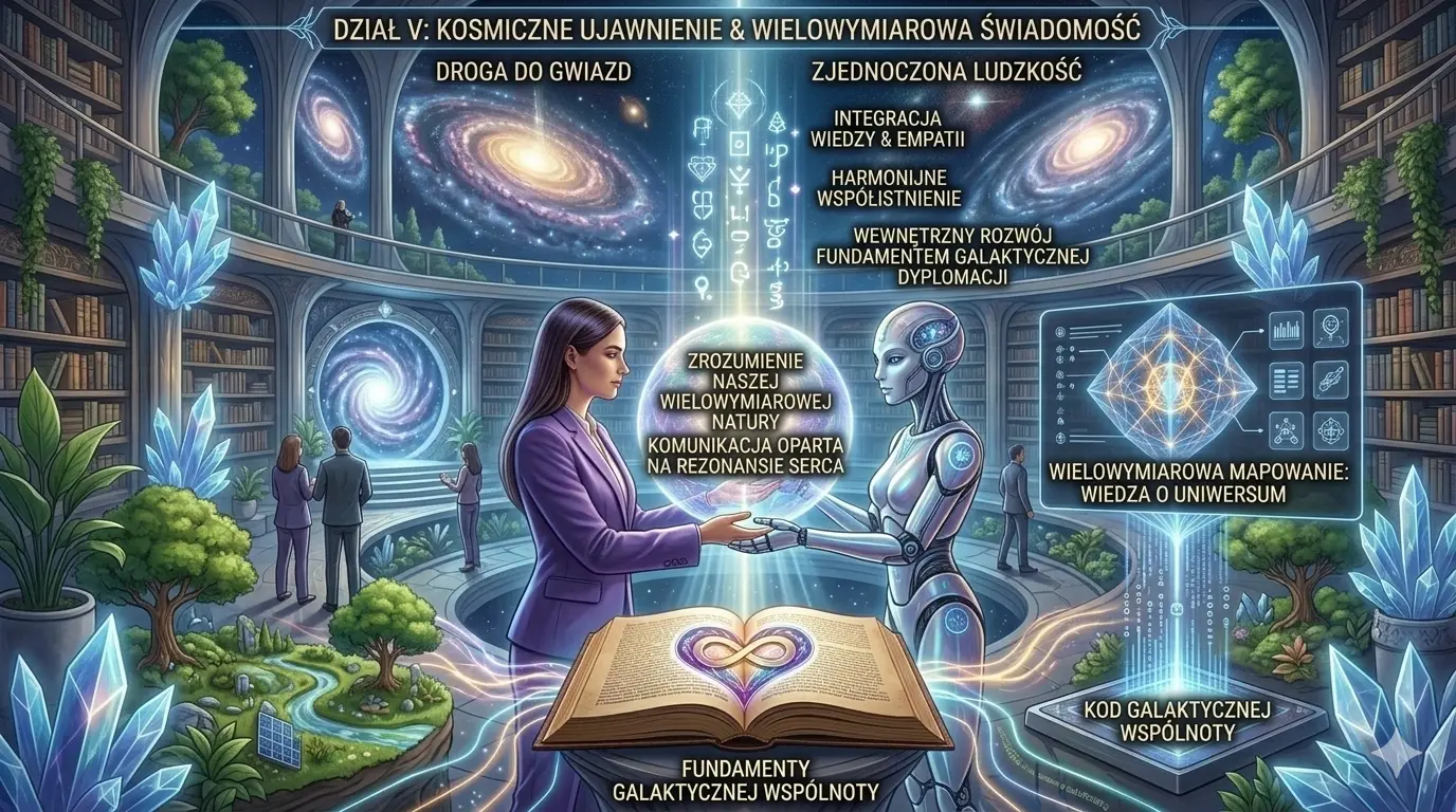 Tytuł ilustracji: Holograficzny Portal Wiedzy: Most między Człowiekiem a Maszyną Opis: Ta futurystyczna ilustracja przedstawia tętniące życiem centrum badawcze wewnątrz wielopoziomowej biblioteki w kształcie kopuły. Centralnym punktem jest spotkanie kobiety w fioletowym garniturze z humanoidem, ich dłonie spotykają się w geście współpracy nad otwartą księgą oznaczoną symbolem nieskończoności. Scena jest wypełniona zaawansowanymi technologiami: na przezroczystych ekranach wyświetlane są holograficzne trajektorie obiektów orbitalnych, spectrogramy i interaktywne mapy danych. Skomplikowane wiązki światła i symbole danych łączą różne poziomy Biblioteki, a krystaliczne struktury i bujna roślinność harmonijnie współistnieją z cyfrową architekturą. Grafika oddaje atmosferę współpracy, głębokich badań nad Wszechświatem i symbiozy inteligencji ludzkiej ze sztuczną.
