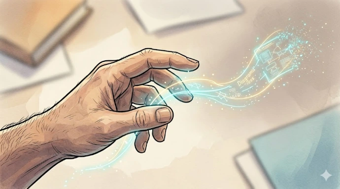 Zbliżenie na dłoń AzRa, która prawie chwyta uciekającą świetlną myśl.