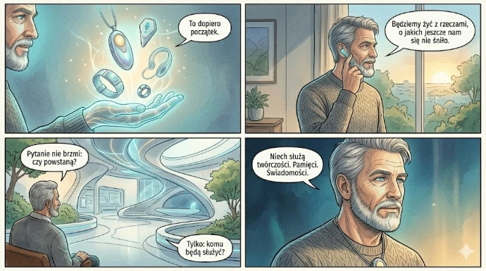 Wizja przyszłości: różne subtelne urządzenia pamięci i AI wokół człowieka.