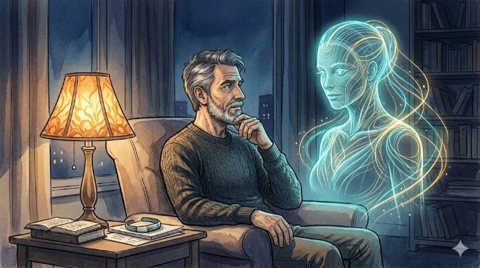 „Holograficzny asystent AI pojawiający się w spokojnym wieczornym wnętrzu”