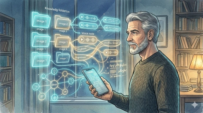 AzRa stoi z telefonem, patrzy na nowoczesny interfejs inspirowany Voicie: foldery wiedzy, notatki głosowe, połączenia między nimi.