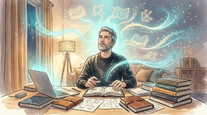 „Człowiek przy biurku otoczony świetlistymi myślami symbolizującymi przepływ idei”