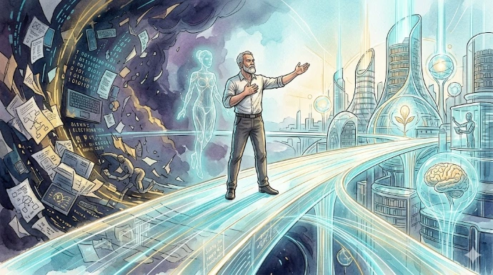 AzRa stoi pośrodku świetlnego mostu, po jednej stronie chaos informacji, po drugiej uporządkowana biblioteka i jasna przyszłość.