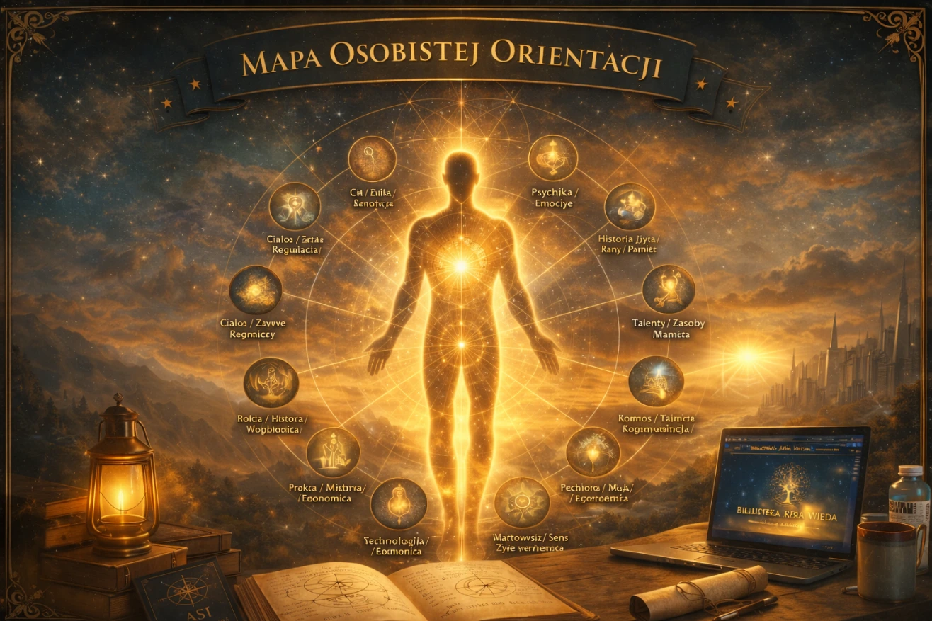 Mapa Osobistej Orientacji to autorska metoda OAŚI: centrum i 12 pól, które pomagają zobaczyć własne położenie, uporządkować to, co rozproszone, i przełożyć rozpoznanie na realny plan 30 / 90 / 365 dni.