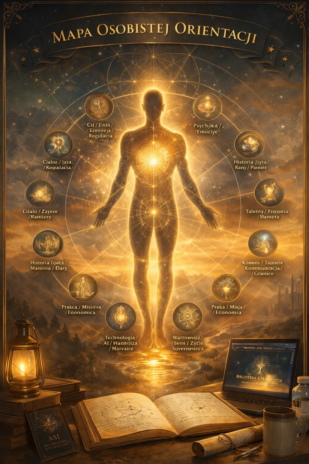 Model 12 pól orientacji i osi centrum, który pomaga uporządkować człowieka w czasie zmian i przełożyć rozpoznanie na realny plan działania: 30 / 90 / 365 dni.