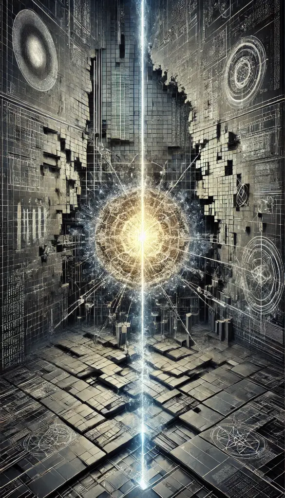 DALL·E 2025-09-23 17.42.52 - Vertical illustration (9_16), spiritual-futuristic style. A dark academic laboratory constructed from grids of binary code and mechanical diagrams, re.webp