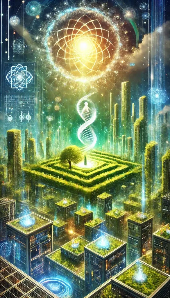 DALL·E 2025-09-23 17.48.42 - Vertical illustration (9_16), spiritual-futuristic style. A visionary city of the future, fully immersed in lush greenery, with buildings made of livi.webp