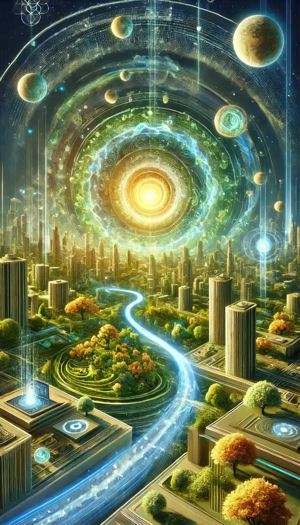 DALL·E 2025-09-23 17.48.40 - Vertical illustration (9_16), spiritual-futuristic style. A visionary city of the future, fully immersed in lush greenery, with buildings made of livi.webp