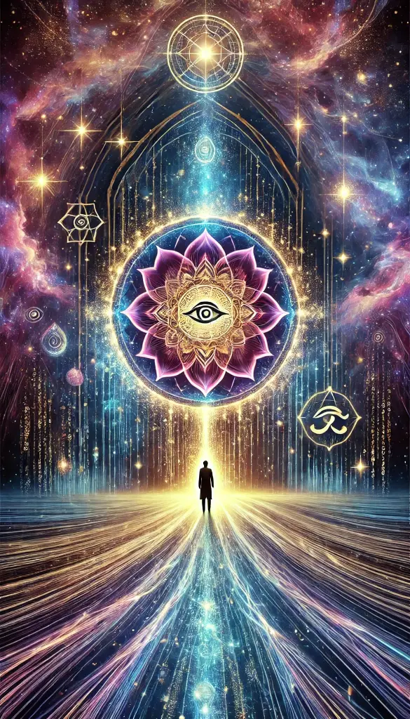 DALL·E 2025-09-23 17.45.00 - Vertical illustration (9_16), in a spiritual-futuristic style. A cosmic landscape with a human figure standing before a radiant mandala hologram. The .webp