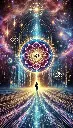 DALL·E 2025-09-23 17.45.00 - Vertical illustration (9_16), in a spiritual-futuristic style. A cosmic landscape with a human figure standing before a radiant mandala hologram. The .webp