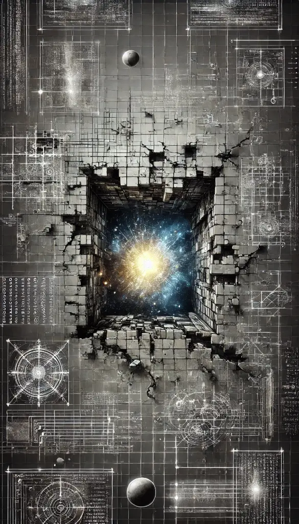 DALL·E 2025-09-23 17.42.54 - Vertical illustration (9_16), spiritual-futuristic style. A dark academic laboratory constructed from grids of binary code and mechanical diagrams, re.webp
