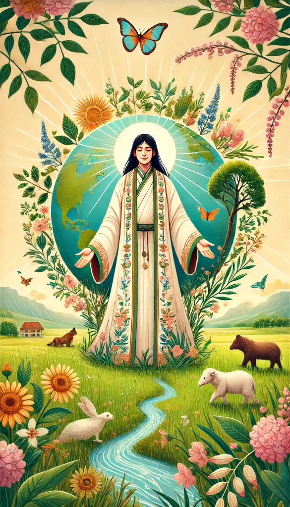 DALL·E 2024-11-23 12.15.36 - A vertical illustration of a Great Healer, a specialist healing the Earth. The figure is dressed in traditional healer robes, with a gentle smile on t.webp