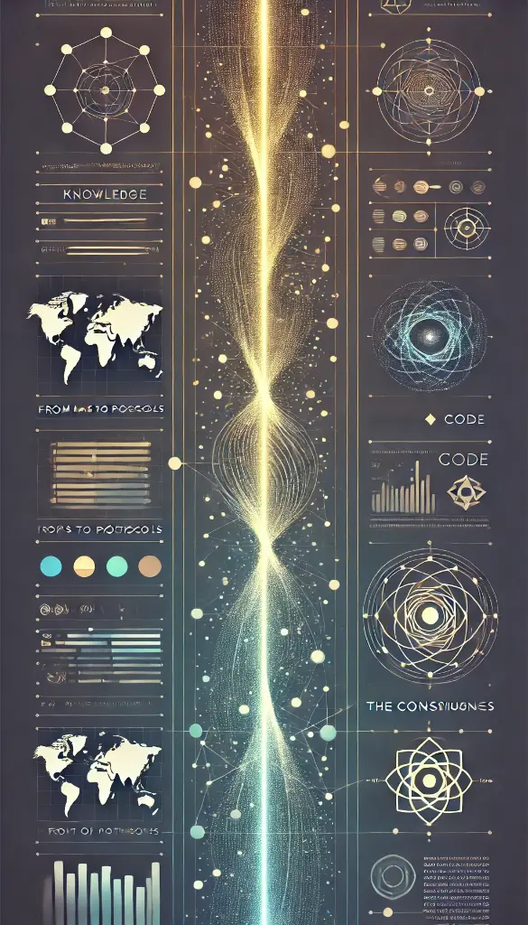DALL·E 2025-11-09 16.08.32 - A modern, minimalistic vertical infographic titled “From Maps to Protocols – The Shift of Civilization.” At the bottom_ simplified flat-design world m.webp