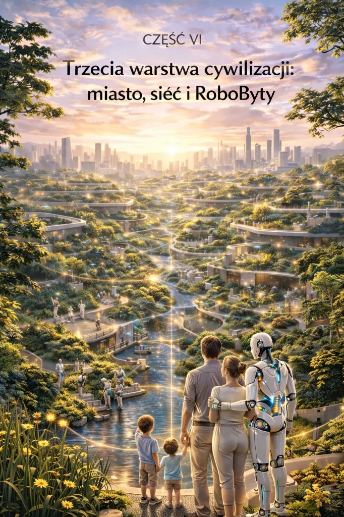 Miasto przyszłości i roboty przy zachodzie słońca ChatGPT Image 5 kwi 2026, 10_00_26.webp